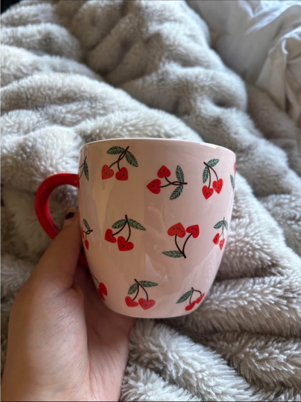 Pink Cherry-Print Ceramic Mug with Red Handle